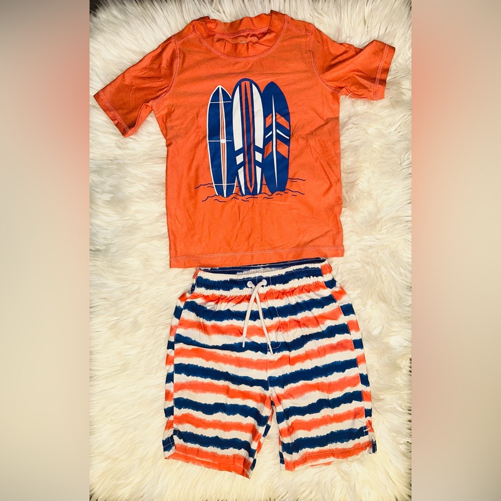 The Children’s Place Boys Orange Surfboard Rashguard Swimsuit Set B7